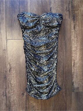 Strapless Metallic Leopard Print Mini Dress